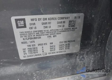 2018 Chevrolet Trax Lt z USA, uszkodzony, nr VIN KL7CJPSB4JB691294